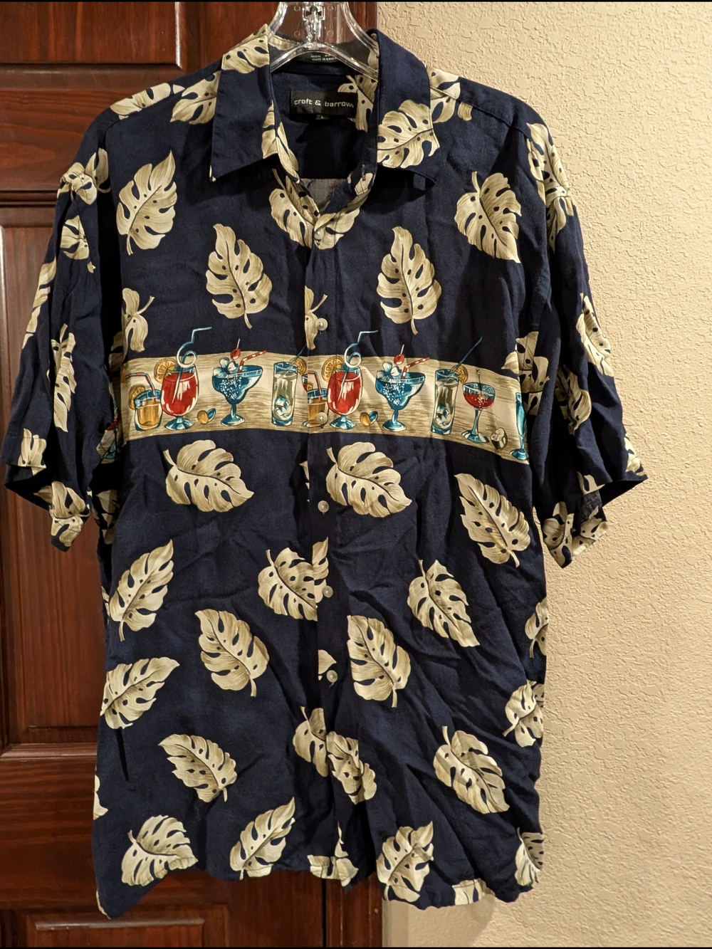 Croft & Barrow Navy Leaf Print Hawaiian Shirt with Cocktail Band